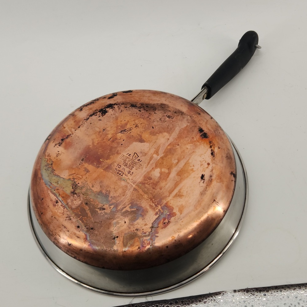 Vintage Revere Ware 10 In Stainless Steel Skillet Copper Bottom Clinton Ill USA